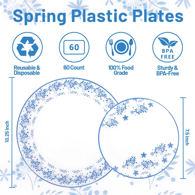 Joyido 60 PCS Blue Floral Plastic Plates - White and Blue Disposable Decorative Plates Set Include 30 Dinner Plate, 30 Dessert Plate for Wedding & Party & Spring - Image 2