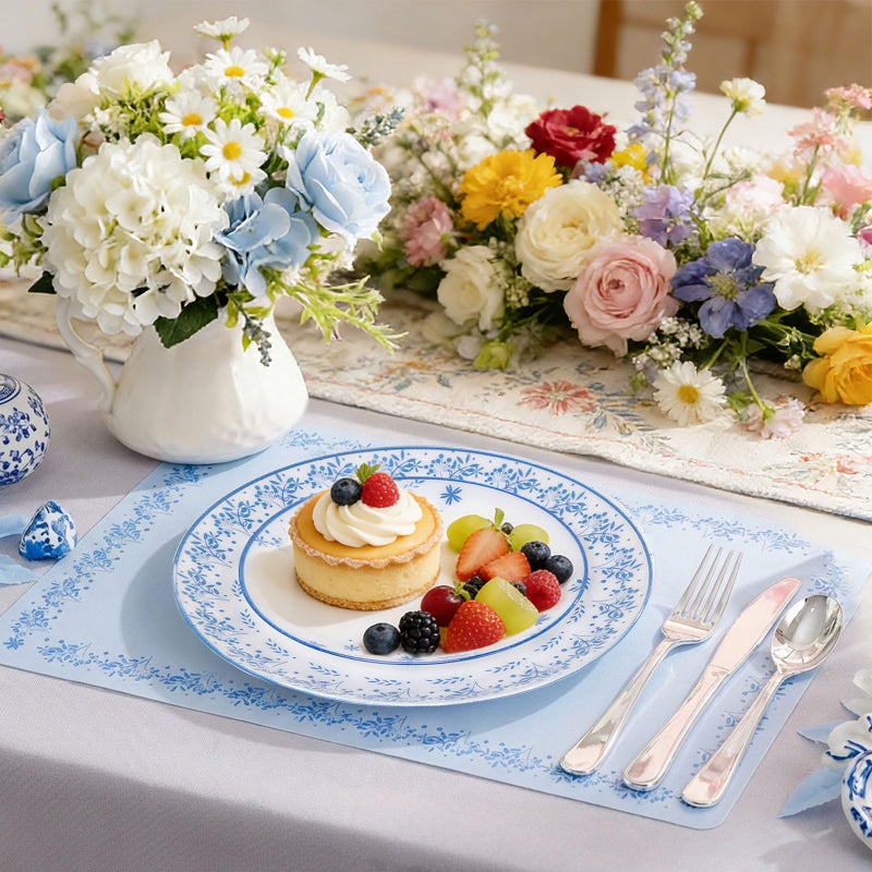 Joyido 60 PCS Blue Floral Plastic Plates - White and Blue Disposable Decorative Plates Set Include 30 Dinner Plate, 30 Dessert Plate for Wedding & Party & Spring - Image 5