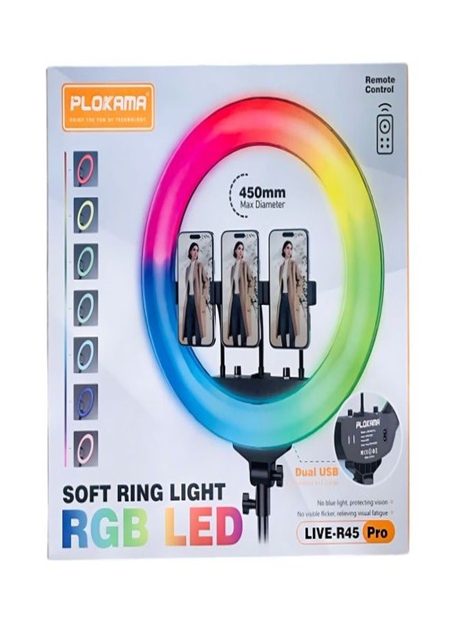 PLOKAMA The Plokama R45 Pro Soft LED RGB Ring Light is a remarkable tool designed for professional photography enthusiasts. With a generous 17.5-inch diameter, this ring light provides even and flattering illumination, perfect for all types of shooting conditions. - Image 1