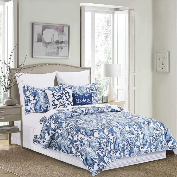 BLUE COAST SHELLS KING BED 3 PIECE COTTON QUILT SET INDIGO BLUE WHITE SUMMER BEACH OCEAN COASTAL REVERSIBLE MACHINE WASHABLE LIGHTWEIGHT BEDSPREAD BEDDING COVERLET KING 3 PIECE SET
