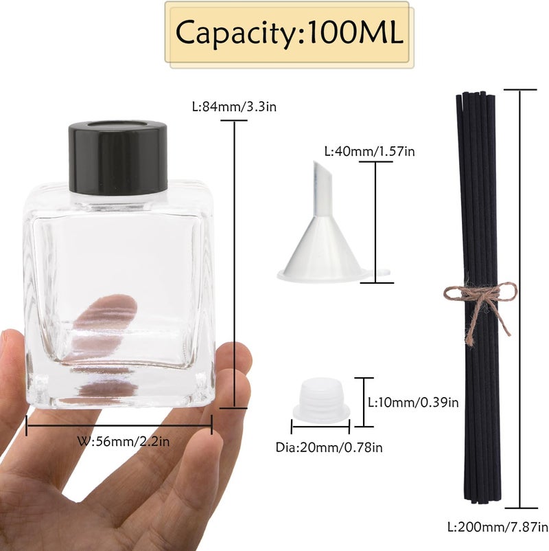 Agidea 4PCS Glass Diffuser Bottles, Square Shape with 20pcs Reeds Sticks & Black Caps & Funnel, 3.3" High 100ml. Diffuser Jars for Home Oil Fragrance Decoration - Image 3