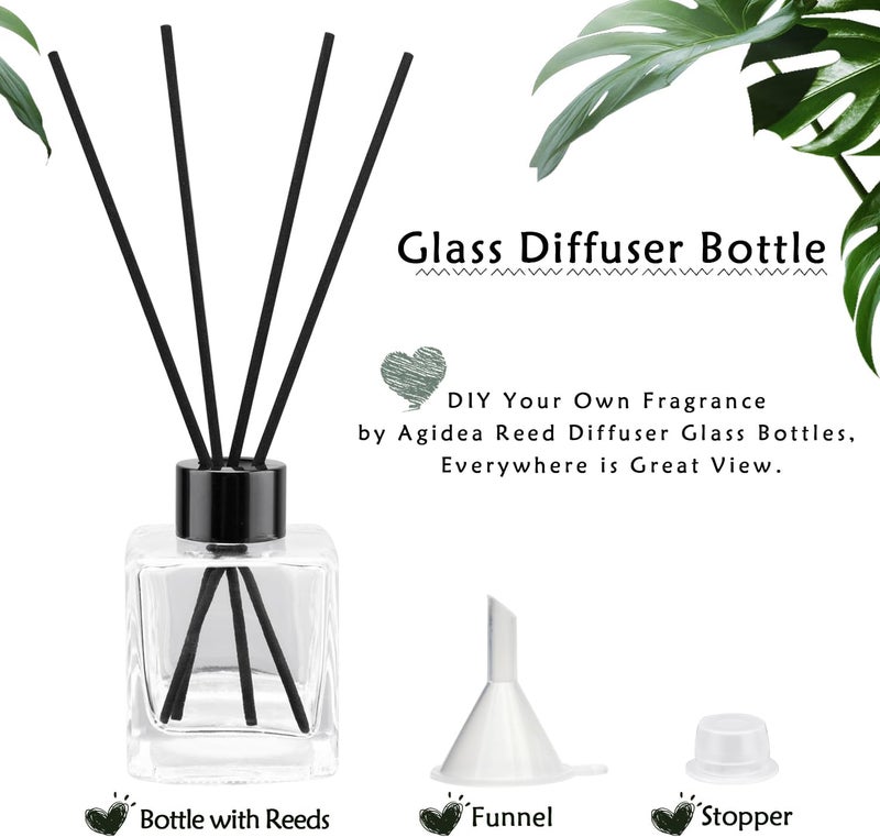 Agidea 4PCS Glass Diffuser Bottles, Square Shape with 20pcs Reeds Sticks & Black Caps & Funnel, 3.3" High 100ml. Diffuser Jars for Home Oil Fragrance Decoration - Image 2