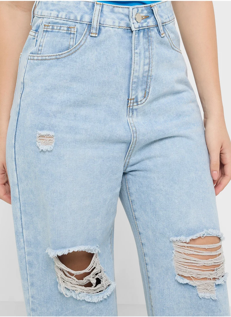 جينجر Distressed Straight Fit Jeans