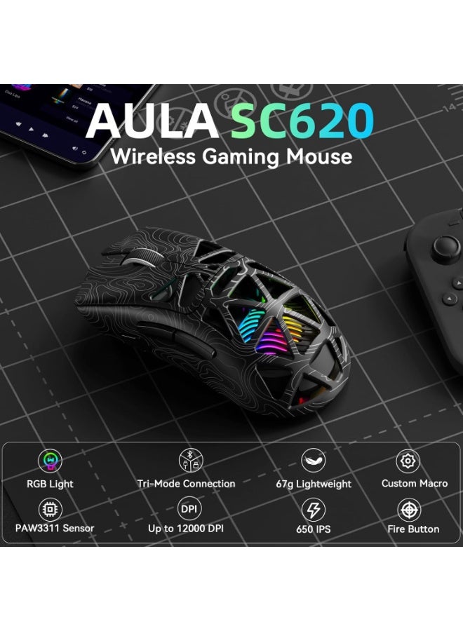 AULA SC620-01 Gaming Mouse Wireless,BT5.0/2.4G/USB-C Gamer Mice,PAW3311 Sensor,Up to 12000DPI,7 Programmable Buttons,67g Lightweight,400mAh Battery,RGB,Rechargeable Mouse for Laptop/PC/Mac (Black-L) - Image 2