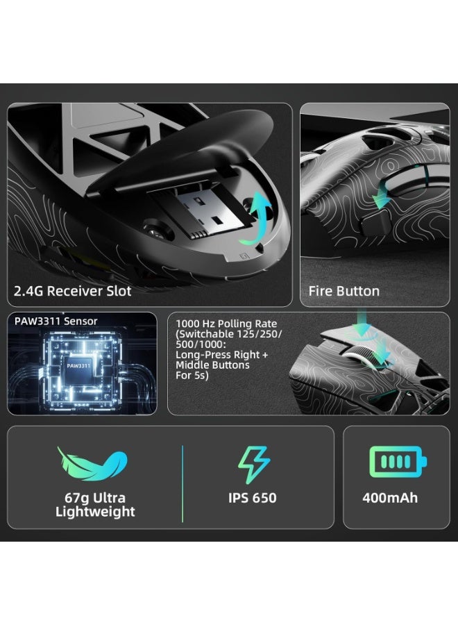 AULA SC620-01 Gaming Mouse Wireless,BT5.0/2.4G/USB-C Gamer Mice,PAW3311 Sensor,Up to 12000DPI,7 Programmable Buttons,67g Lightweight,400mAh Battery,RGB,Rechargeable Mouse for Laptop/PC/Mac (Black-L) - Image 5