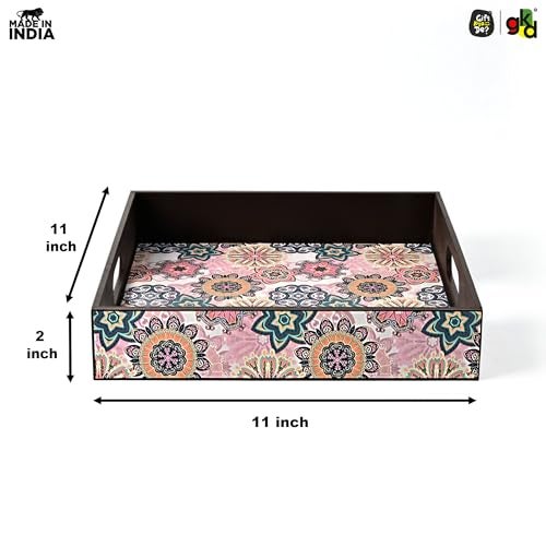 Gift Kya De GKD Wooden Square Tray – Floral Bliss Design – 11x11 Inch Serving Tray for Tea, Coffee & Snacks – Decorative MDF Tray for Tabletop, Centrepiece, Home Décor & Kitchen - Image 3