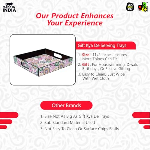 Gift Kya De GKD Wooden Square Tray – Floral Bliss Design – 11x11 Inch Serving Tray for Tea, Coffee & Snacks – Decorative MDF Tray for Tabletop, Centrepiece, Home Décor & Kitchen - Image 4