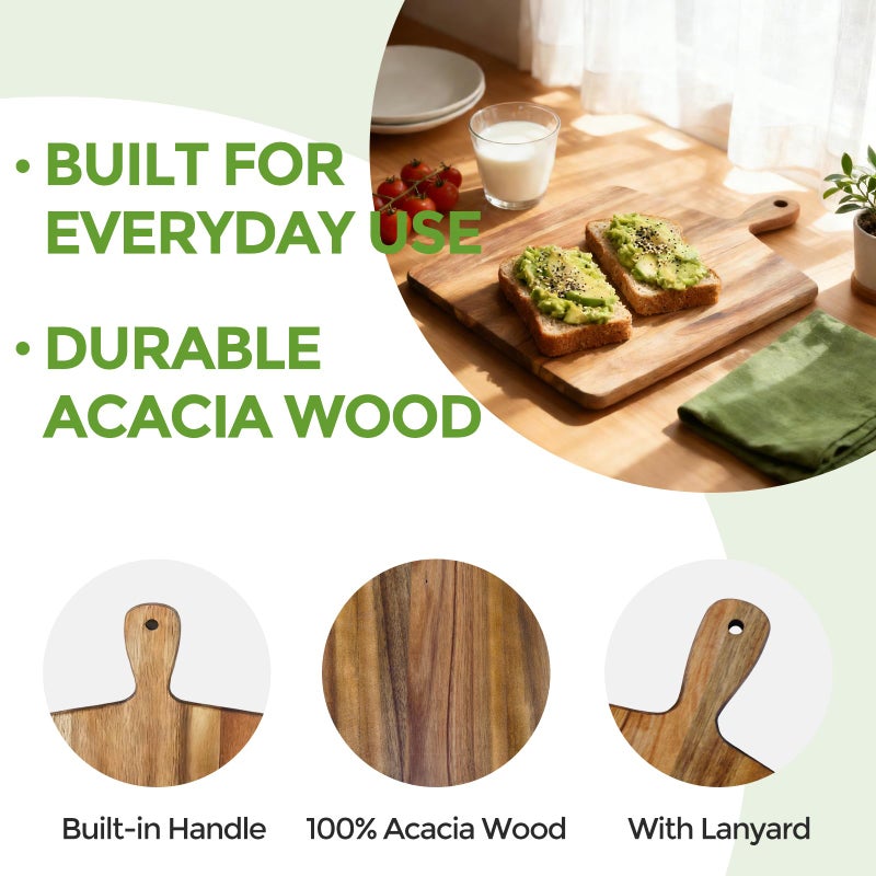 S310 Acacia Wood Cutting Board with Handle, Wooden Chopping Board for Meat, Cheese, Bread & Vegetables, Decorative Charcuterie Serving Board for Kitchen Cooking, Pizza & Party Dining, 17"x13" - Image 4