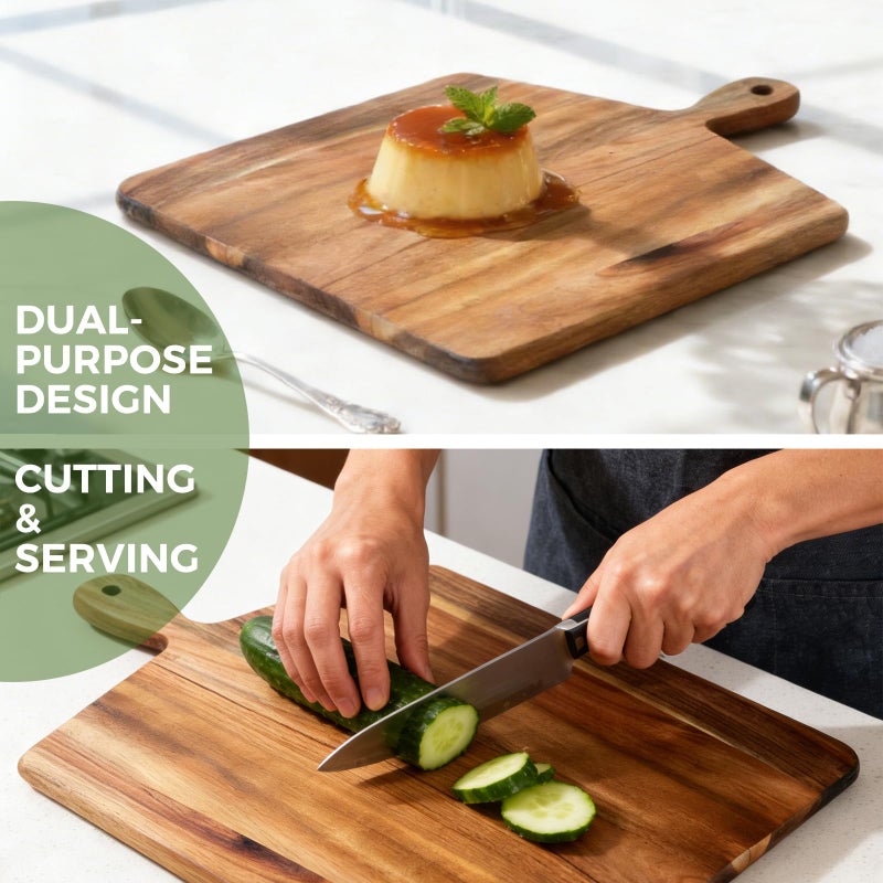 S310 Acacia Wood Cutting Board with Handle, Wooden Chopping Board for Meat, Cheese, Bread & Vegetables, Decorative Charcuterie Serving Board for Kitchen Cooking, Pizza & Party Dining, 17"x13" - Image 5