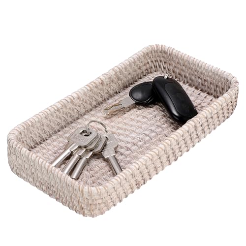 Hipiwe Rattan Key Tray Handwoven Wicker Baskets for Entryway Table Vanity Decorative Serving Tray for Candy Rectangular Fruit Basket Whitewash - Image 1