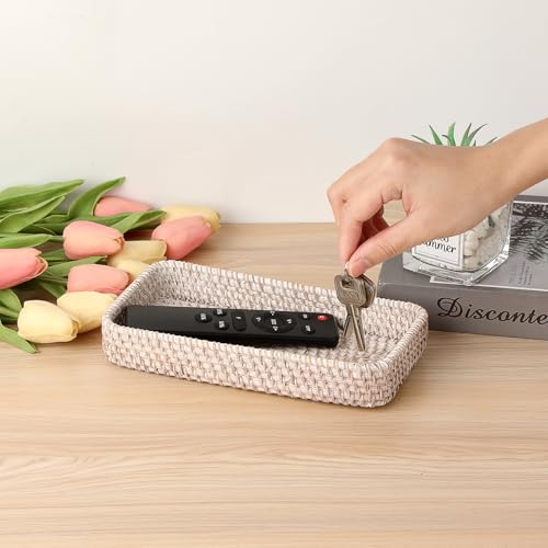 Hipiwe Rattan Key Tray Handwoven Wicker Baskets for Entryway Table Vanity Decorative Serving Tray for Candy Rectangular Fruit Basket Whitewash - Image 3