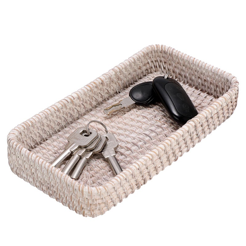Hipiwe Rattan Key Tray Handwoven Wicker Baskets for Entryway Table Vanity Decorative Serving Tray for Candy Rectangular Fruit Basket Whitewash - Image 2