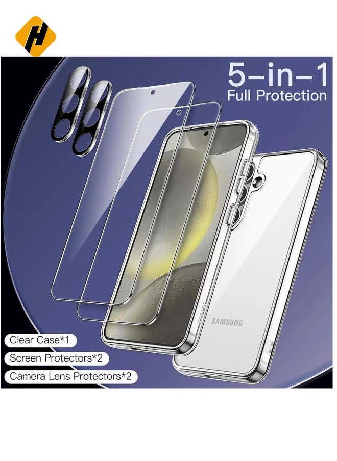 5 in 1 Case for Samsung Galaxy S24 5G with 2-Pack Each Tempered Glass Screen Protector and Camera Lens Protector, Non-Yellowing Shockproof Bumper Phone Cover (Clear)