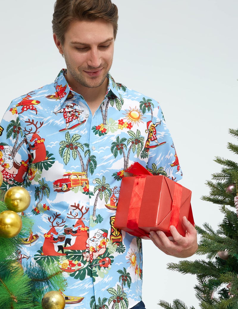 SSLR Men's Santa Claus Party Tropical Ugly Hawaiian Christmas Shirts (Small, Blue) - Image 2