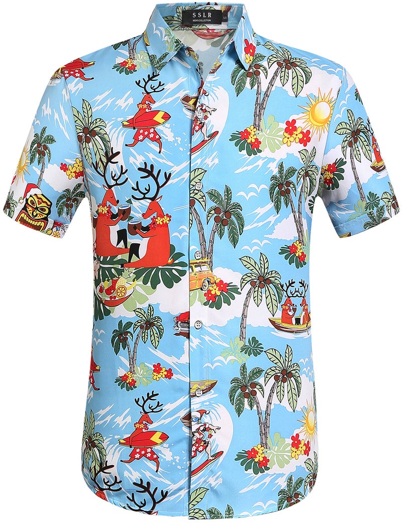 SSLR Men's Santa Claus Party Tropical Ugly Hawaiian Christmas Shirts (Small, Blue) - Image 1