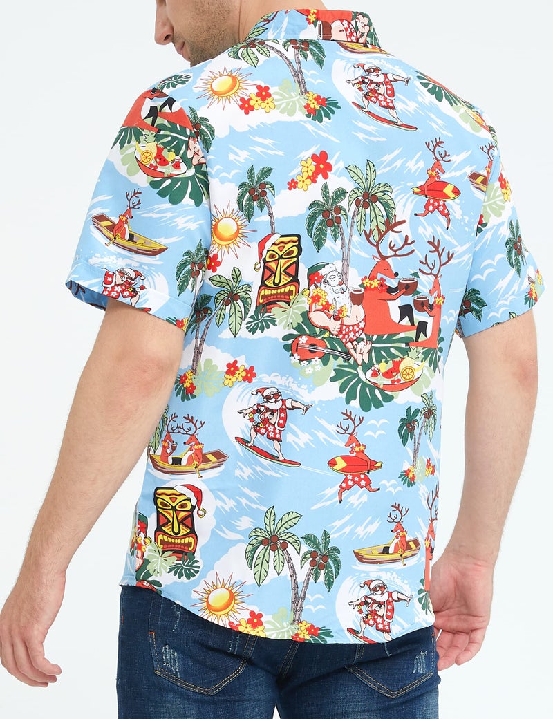 SSLR Men's Santa Claus Party Tropical Ugly Hawaiian Christmas Shirts (Small, Blue) - Image 5