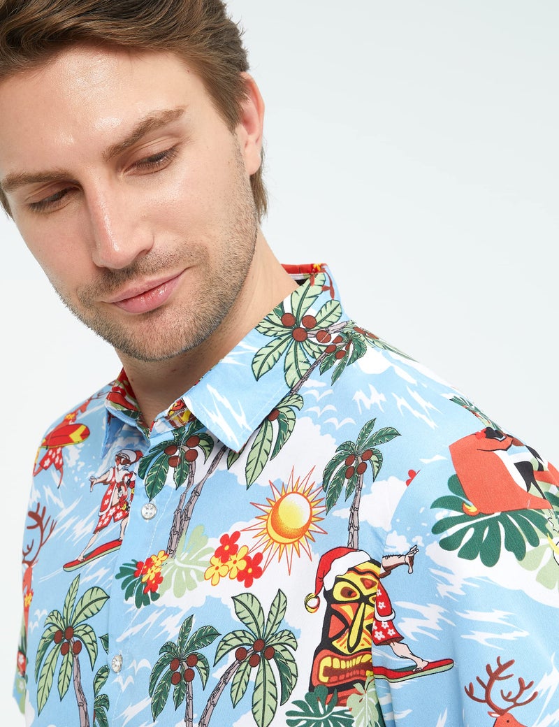 SSLR Men's Santa Claus Party Tropical Ugly Hawaiian Christmas Shirts (Small, Blue) - Image 3