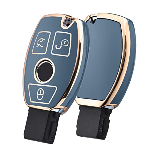 ELOHEI for Mercedes Benz Key Fob Cover, Premium Soft TPU Key Case Cover Compatible with Mercedes Benz C E S M CLS CLK G Class Keyless Smart Key Fob (Gold Edge Blue) - Image 1