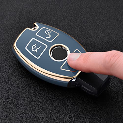 ELOHEI for Mercedes Benz Key Fob Cover, Premium Soft TPU Key Case Cover Compatible with Mercedes Benz C E S M CLS CLK G Class Keyless Smart Key Fob (Gold Edge Blue) - Image 2