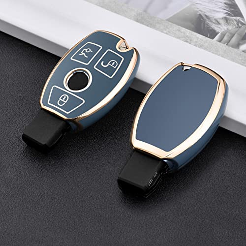 ELOHEI for Mercedes Benz Key Fob Cover, Premium Soft TPU Key Case Cover Compatible with Mercedes Benz C E S M CLS CLK G Class Keyless Smart Key Fob (Gold Edge Blue) - Image 3