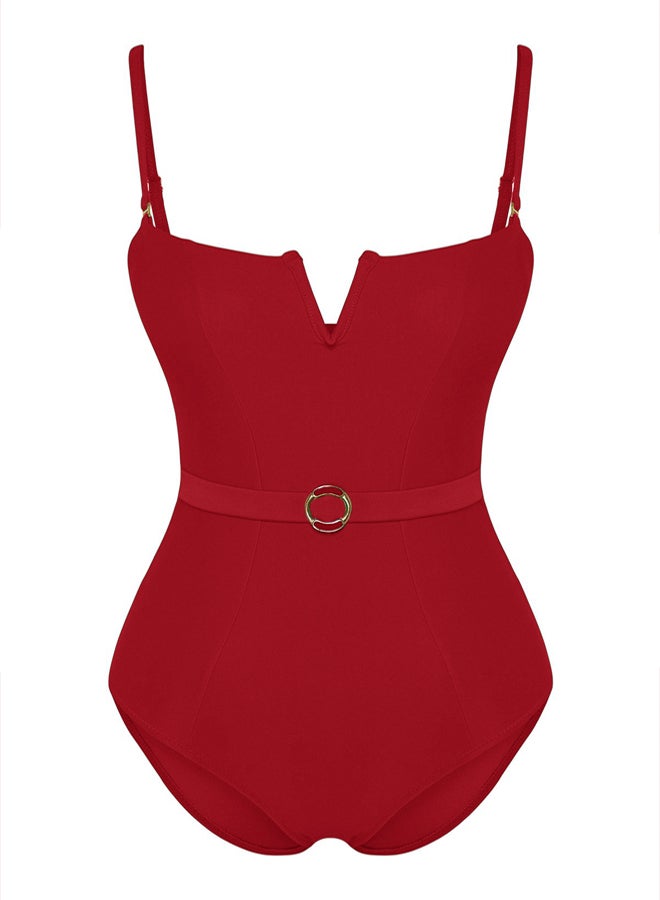 Red Belt Strapless Regular Swimsuit