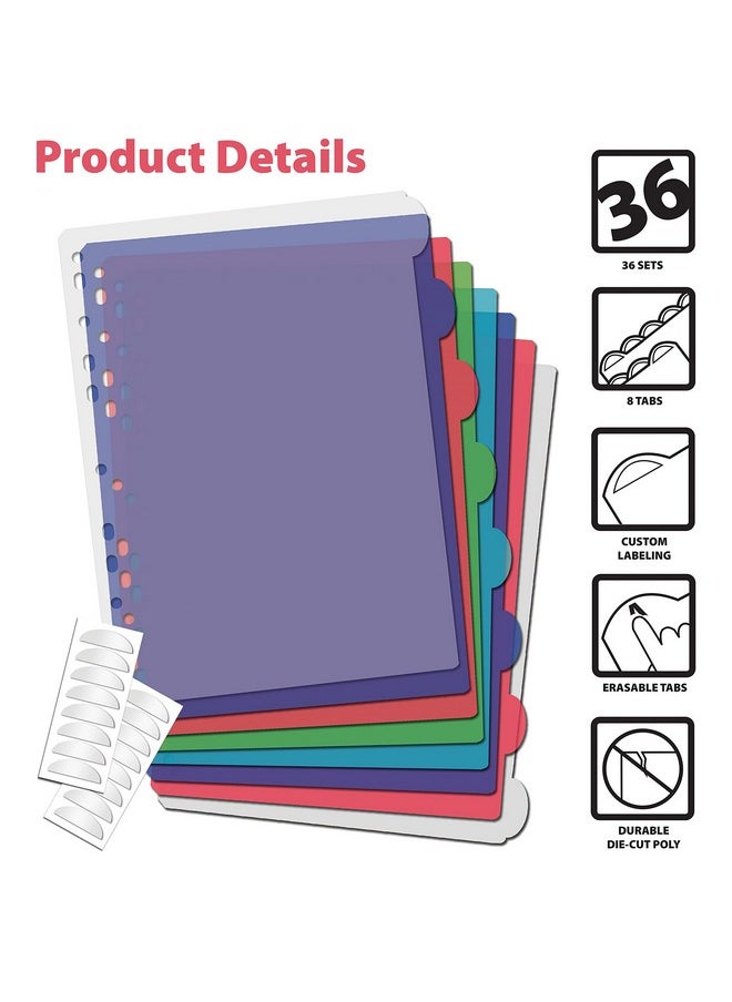 Better Office Products - 8 Tab Plastic Binder Index Dividers Large Rounded Index Tabs 36 Pack Multicolored Poly Dividers For 3 Ring Binder With White Labels Box Of 36 Sets - Image 1