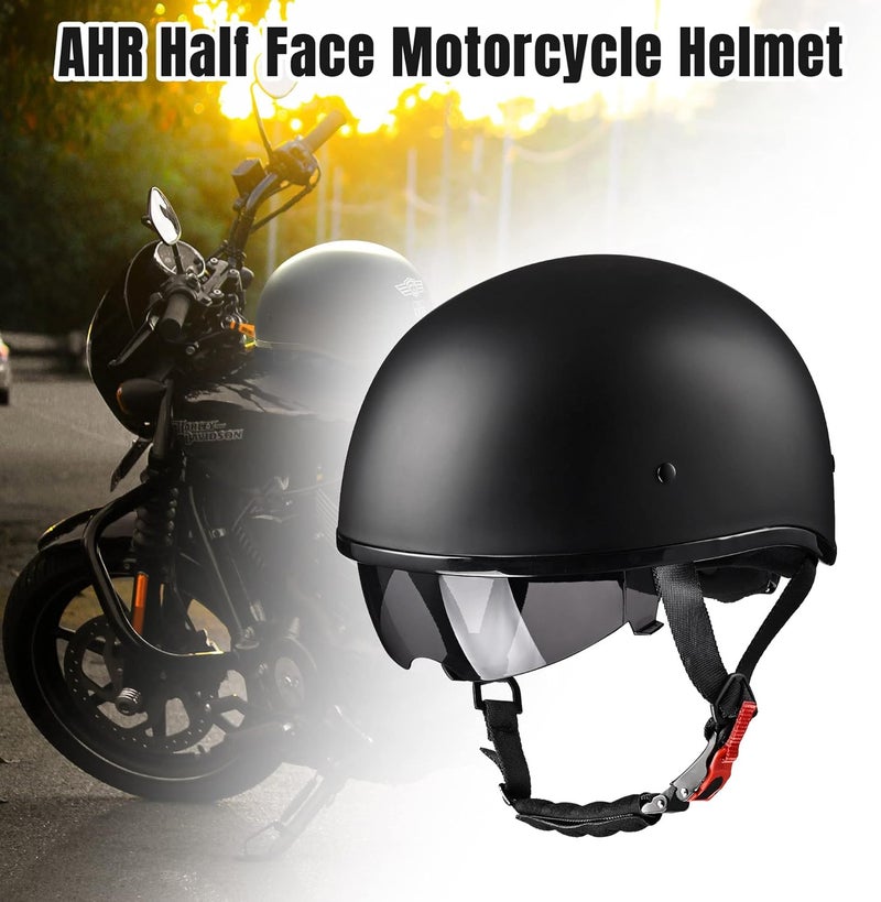 AHR Half Face Motorcycle Helmet with Sun Visor - DOT Approved Matte Black - Image 3