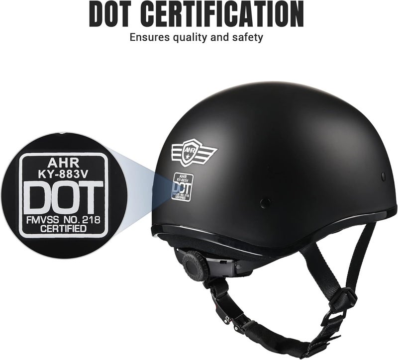 AHR Half Face Motorcycle Helmet with Sun Visor - DOT Approved Matte Black - Image 4