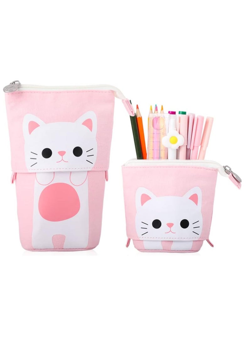 عام محول الوقوف لطيف القط تلسكوبي قلم رصاص الحقيبة / القضية مع سستة قماش + بو الكرتون قلم رصاص حقيبة القرطاسية مربع للأطفال البنات البنين اللوازم المدرسية 7.5 × 4.9 × 3.0 بوصة / 4.1 × 3.0 بوصة - Image 1