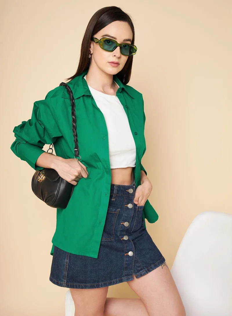 هاي ستار Green Boxy Fit Solid Casual Shirt for Women, Cotton
