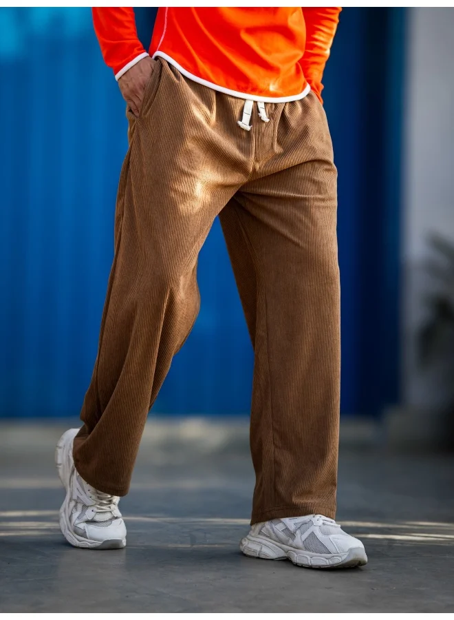 مانياك بنطلون رياضي رجالي مانياك من قماش الكوردروي بلون بني سادة
