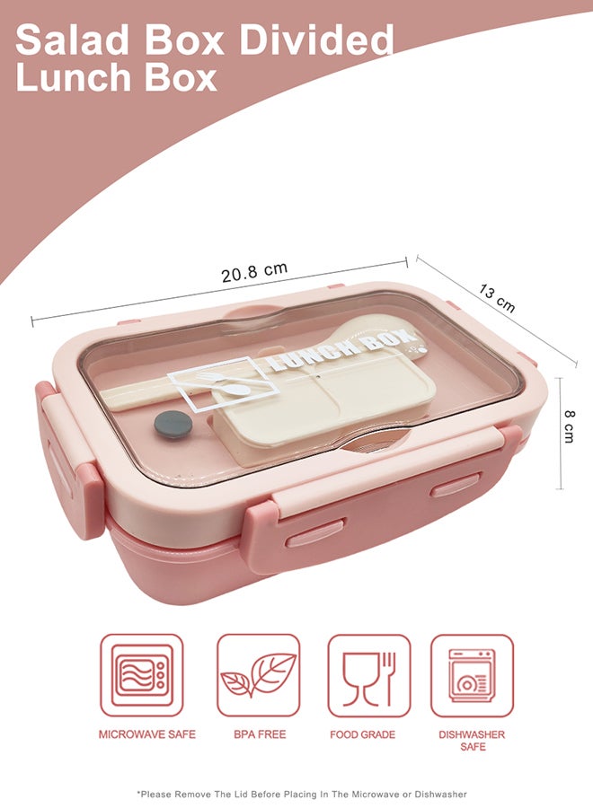Noon East 3 Compartment lunch box, 840 ml, 1 Small container and 1 Fork Heavy Plastic, BPA Free Food Grade, for School Kids, College and Outdoor - Pink  - Image 2