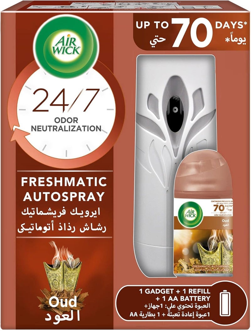 Air Wick مجموعة رش الهواء ويك فريش ماتيكس، عطر العود، تقضي على الروائح الكريهة مثل رائحة فضلات القطط، 250 مل - Image 1