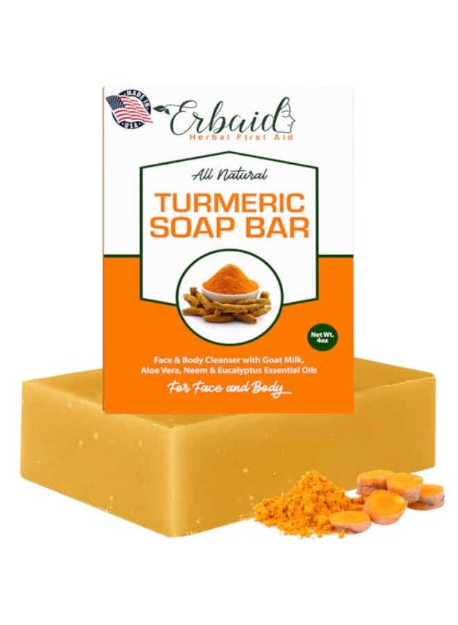 Erbaid Natural Turmeric Soap Bar for Face Body Turmeric Skin Brightening Soap Wash for Dark Spots Intimate Areas Underarms Turmeric Reduces Acne Fades Scars Cleanses Skin 4 Ounce Pack of 1 - Image 1