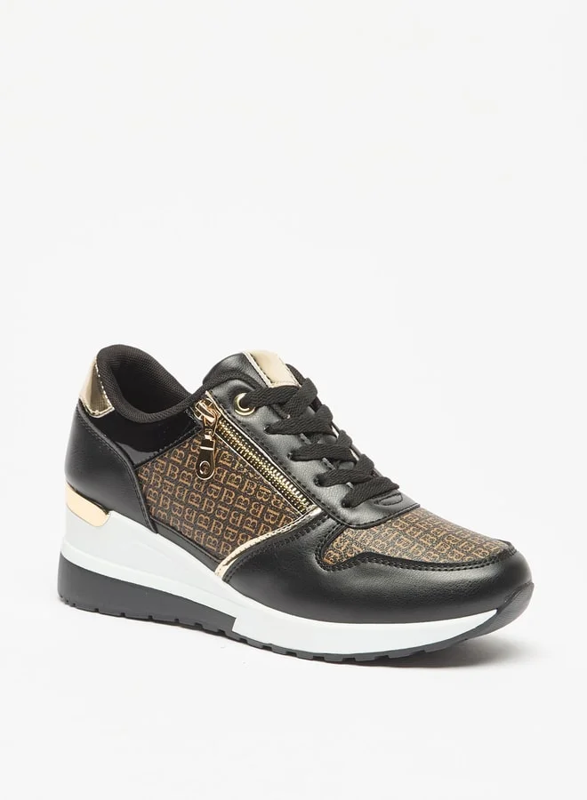 فلورا بيلا من شو إكسبرس Women's Monogram Print  Wedge Sneakers with Lace-Up Closure