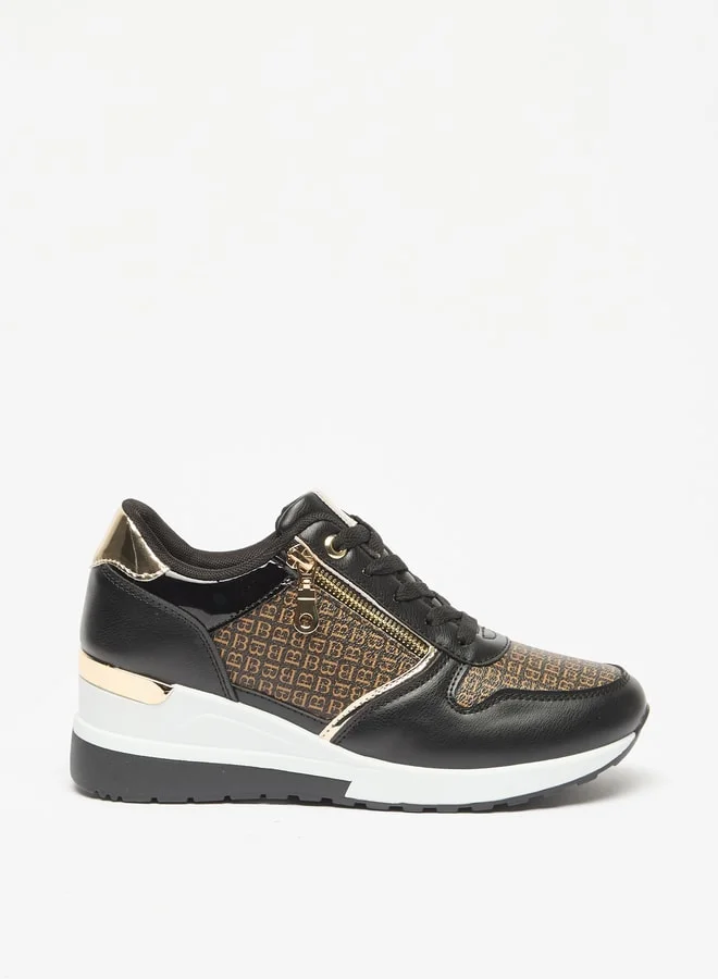 فلورا بيلا من شو إكسبرس Women's Monogram Print  Wedge Sneakers with Lace-Up Closure
