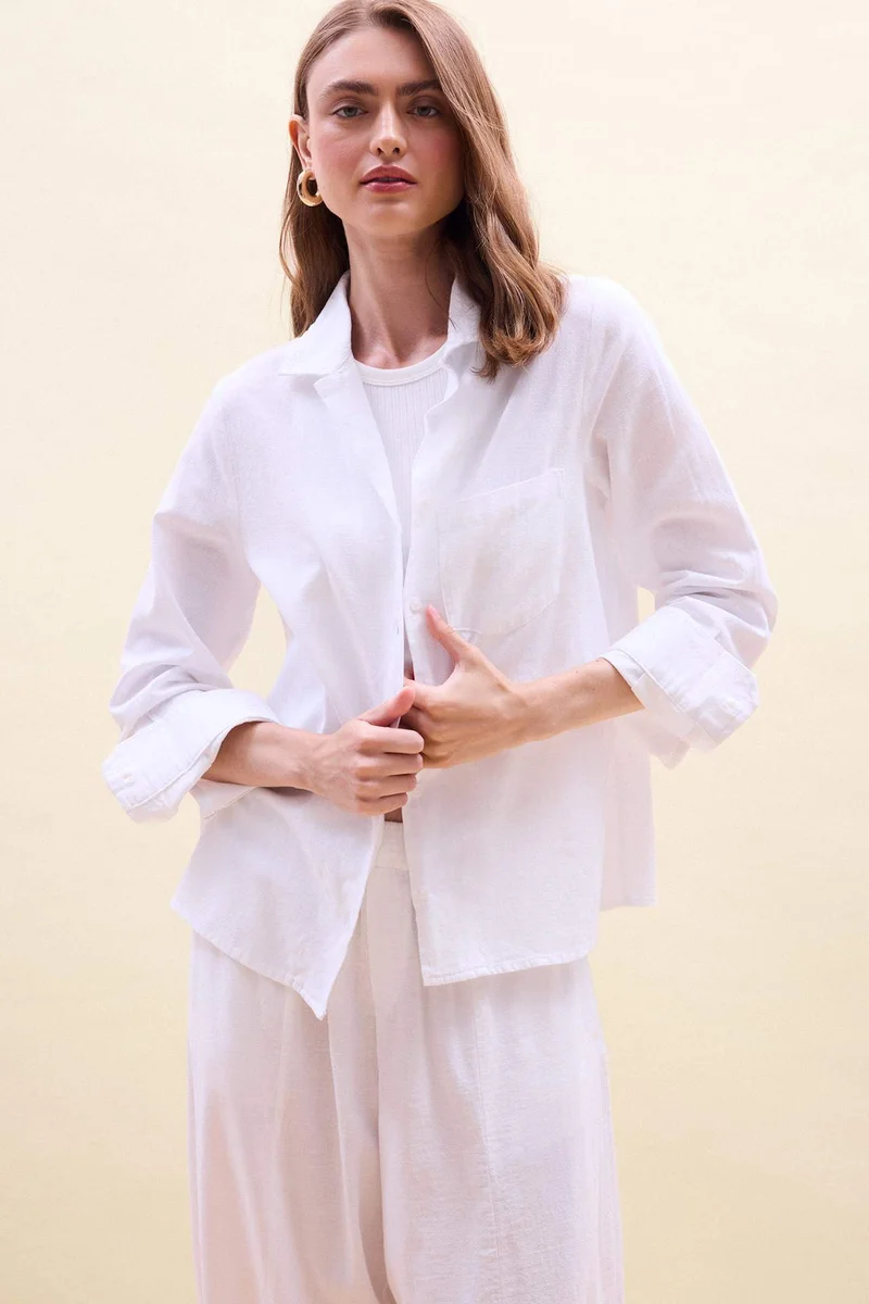 ديفاكتو Oversize Fit Pyjamas Collar Linen Blended Long Sleeve Shirt