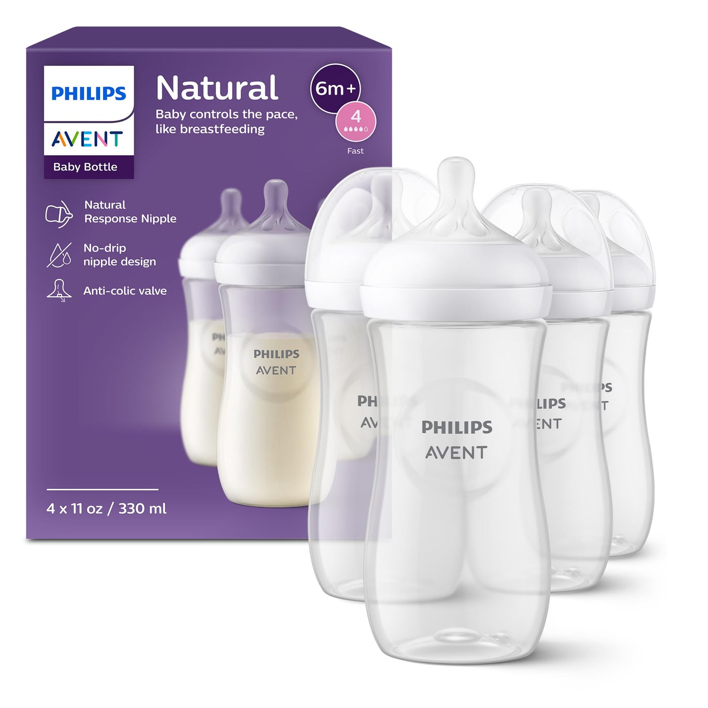Avent Philips Avent Natural Baby Bottles with Natural Response Nipples Fast Flow Flow 4 11oz 4Pack SCY90604