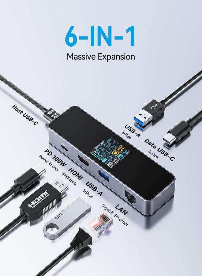موزع USB-C الذكي المرئي من DOCKCASE (6 في 1) مزود بمنفذ HDMI بدقة 4K بمعدل 60 هرتز، ومنفذ إيثرنت جيجابت، ومنفذ USB-C، ومنفذي USB-A لنقل البيانات بسرعة 5 جيجابت في الثانية، مع خاصية توصيل الطاقة بقدرة 100 واط، متوافق مع أجهزة MacBook Air وMacBook Pro وXPS وغيرها. - Image 2
