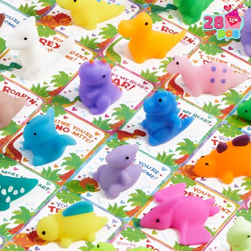 JOYIN 28 Packs Valentines Day Gift Card with Mochi Squishy Toy for Kids Kawaii Dinosaur Mochi Squishy Toy Stress Relief Fidget Toys for Kid Valentine Party Favor Classroom Exchange Prize - Image 1