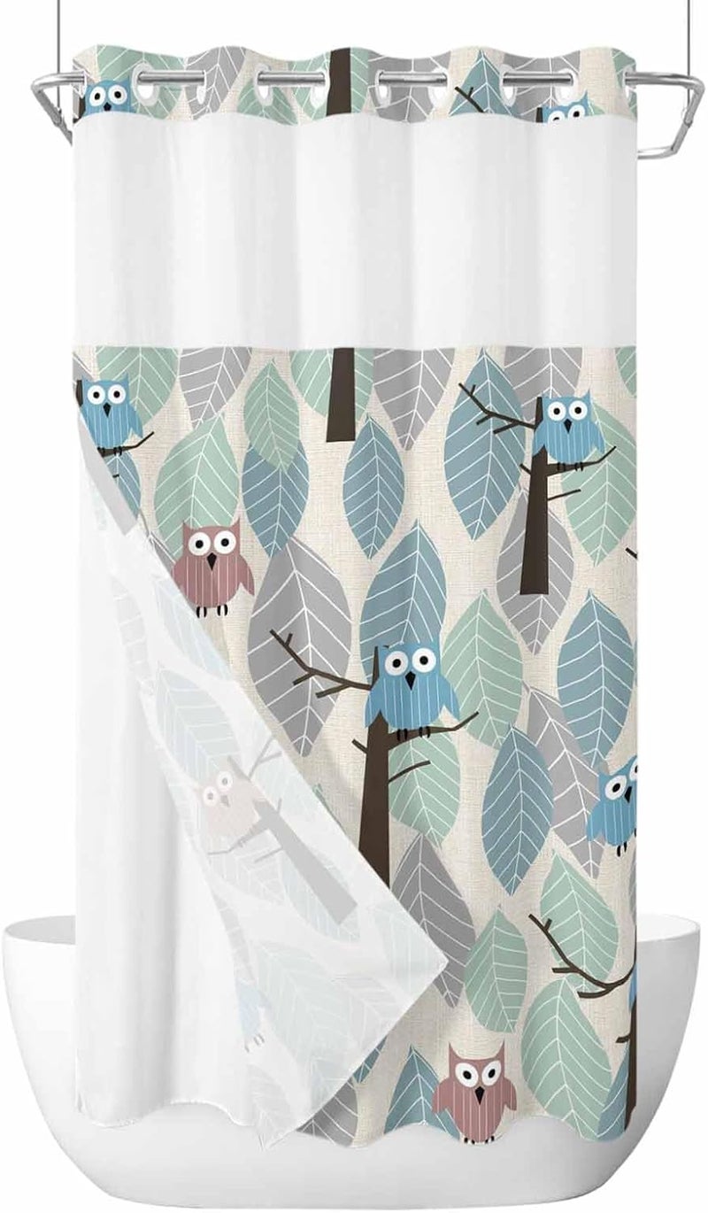 No Hook Shower Curtain and Liner Set, Cute Owl Snap in Shower Curtain Set, Farmhouse Cartoon Animal Green Blue Leaves Trees Waterproof Fabric Bathroom Curtain with See Through Top Window 54"x78" - Image 1