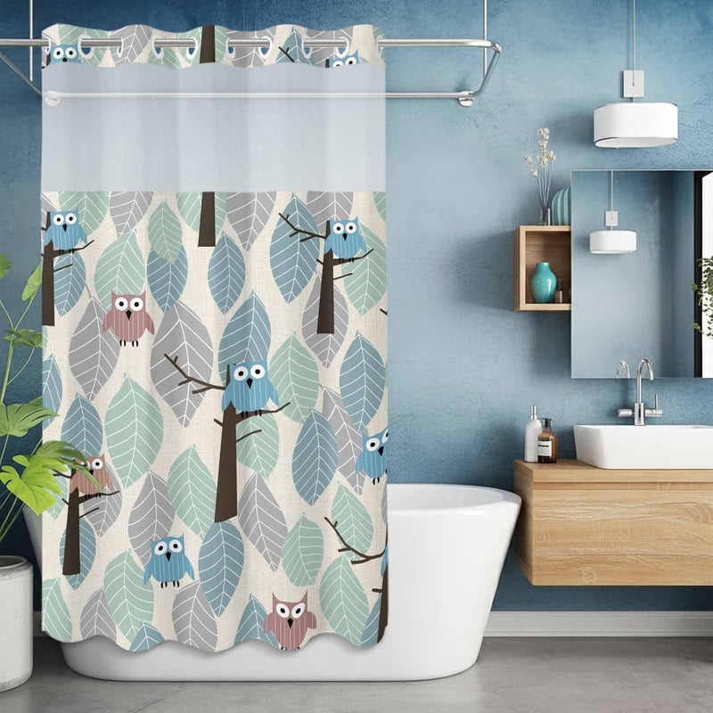 No Hook Shower Curtain and Liner Set, Cute Owl Snap in Shower Curtain Set, Farmhouse Cartoon Animal Green Blue Leaves Trees Waterproof Fabric Bathroom Curtain with See Through Top Window 54"x78" - Image 5