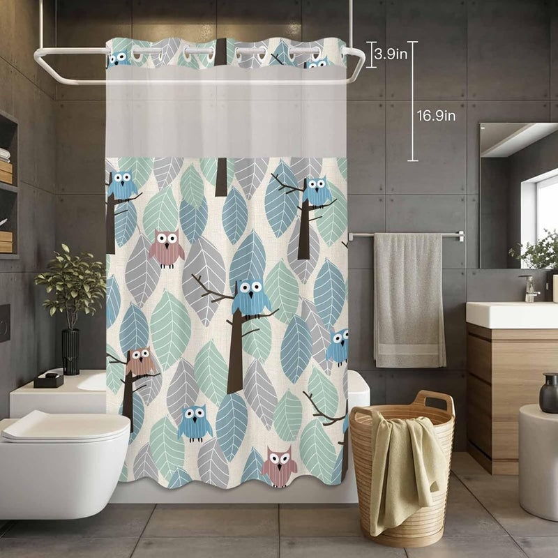 No Hook Shower Curtain and Liner Set, Cute Owl Snap in Shower Curtain Set, Farmhouse Cartoon Animal Green Blue Leaves Trees Waterproof Fabric Bathroom Curtain with See Through Top Window 54"x78" - Image 4