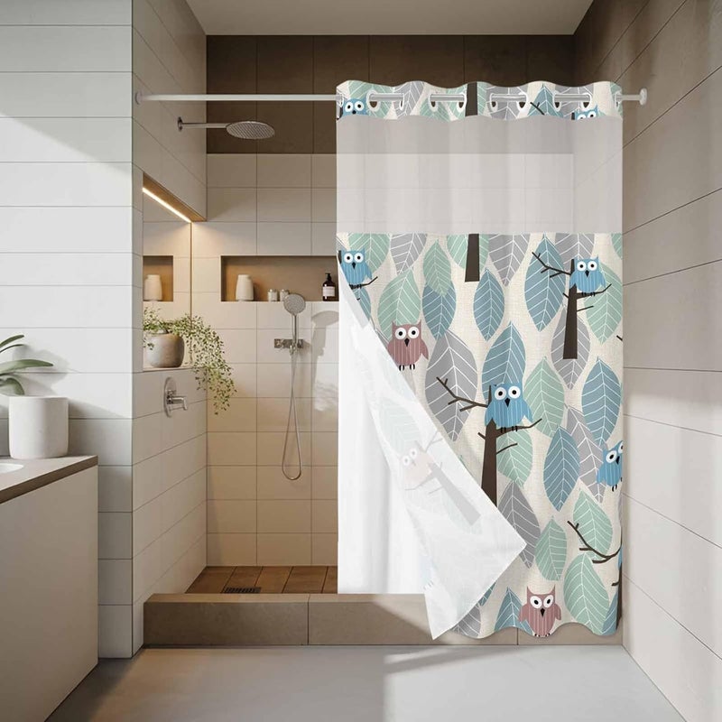 No Hook Shower Curtain and Liner Set, Cute Owl Snap in Shower Curtain Set, Farmhouse Cartoon Animal Green Blue Leaves Trees Waterproof Fabric Bathroom Curtain with See Through Top Window 54"x78" - Image 3