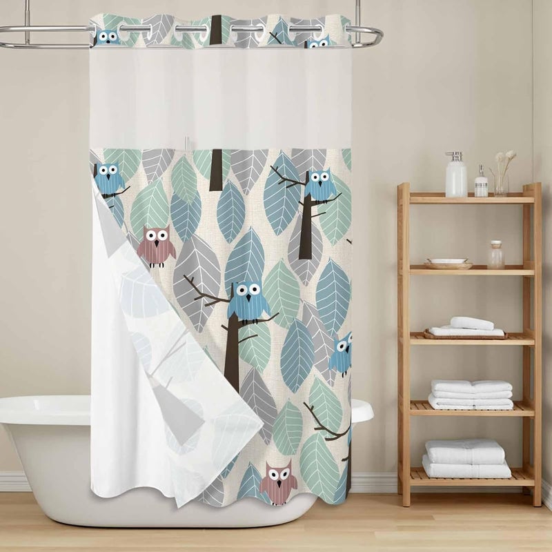 No Hook Shower Curtain and Liner Set, Cute Owl Snap in Shower Curtain Set, Farmhouse Cartoon Animal Green Blue Leaves Trees Waterproof Fabric Bathroom Curtain with See Through Top Window 54"x78" - Image 2