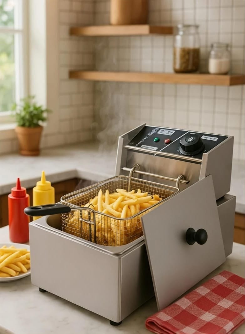Denx Deep 6L Stainless Steel Oil Fryer with 2500W Power, Includes Frying Basket, Adjustable Temperature and Timer, and Removable Oil Container - Image 2