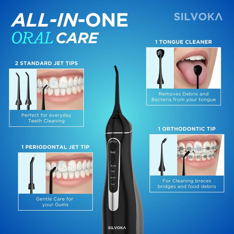 SILVOKA Water Flosser for Teeth, Cordless Oral Irrigator, Portable Dental Flosser with 300ML Tank, 4 Cleaning Modes, IPX7 Waterproof, Rechargeable Water Floss Pick for Braces, Gum Care & Travel - Image 5
