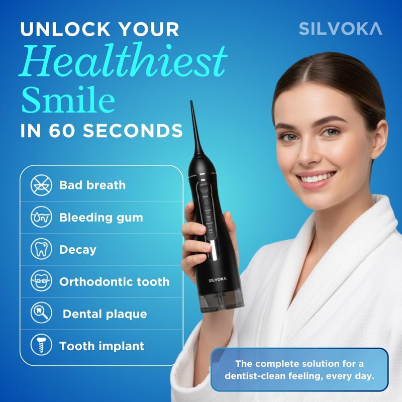 SILVOKA Water Flosser for Teeth, Cordless Oral Irrigator, Portable Dental Flosser with 300ML Tank, 4 Cleaning Modes, IPX7 Waterproof, Rechargeable Water Floss Pick for Braces, Gum Care & Travel - Image 3