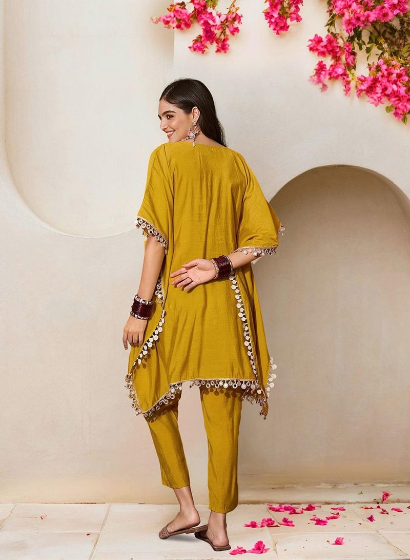 ISHIN Women Yellow ROMAN SILK 2 Pcs Kurta Set - Image 5