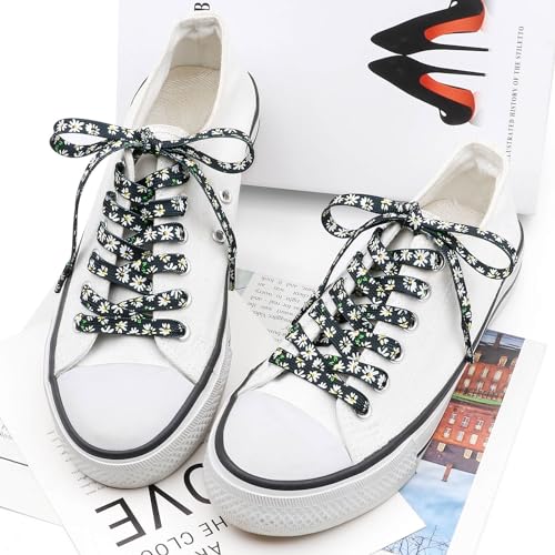 DANHUA Colored Printed Flat Shoelaces: 2 Pair Black White Flowers Patterned Shoe Laces for Sneakers 63 inch - Image 4
